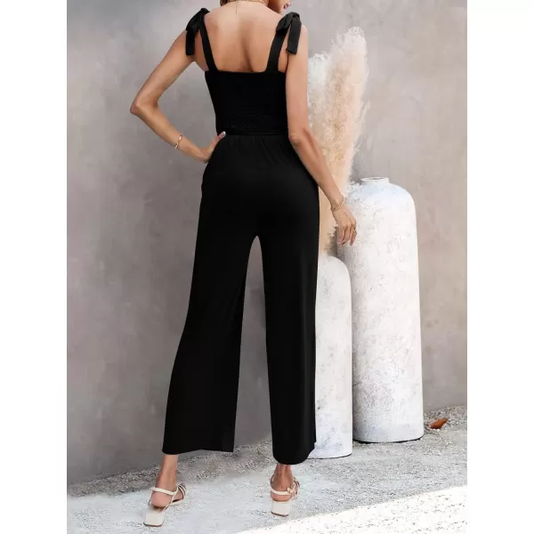 imageZESICA Womens 2023 Summer Casual Spaghetti Strap Smocked High Waist Wide Leg Jumpsuit RomperAllblack