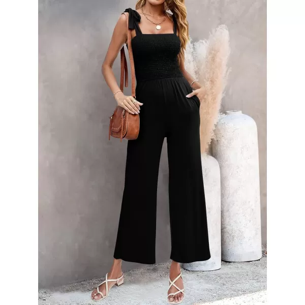 imageZESICA Womens 2023 Summer Casual Spaghetti Strap Smocked High Waist Wide Leg Jumpsuit RomperAllblack