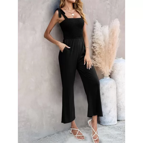 imageZESICA Womens 2023 Summer Casual Spaghetti Strap Smocked High Waist Wide Leg Jumpsuit RomperAllblack