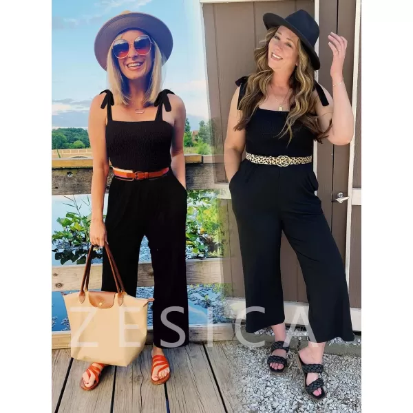 imageZESICA Womens 2023 Summer Casual Spaghetti Strap Smocked High Waist Wide Leg Jumpsuit RomperAllblack