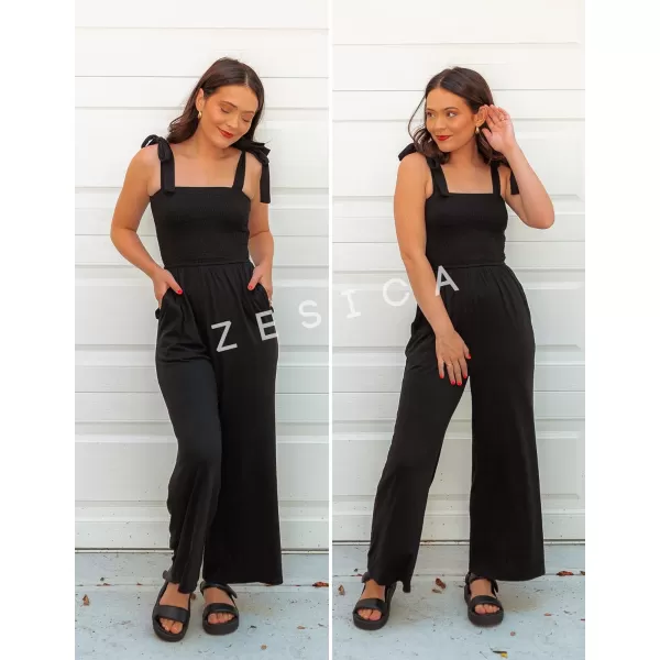imageZESICA Womens 2023 Summer Casual Spaghetti Strap Smocked High Waist Wide Leg Jumpsuit RomperAllblack