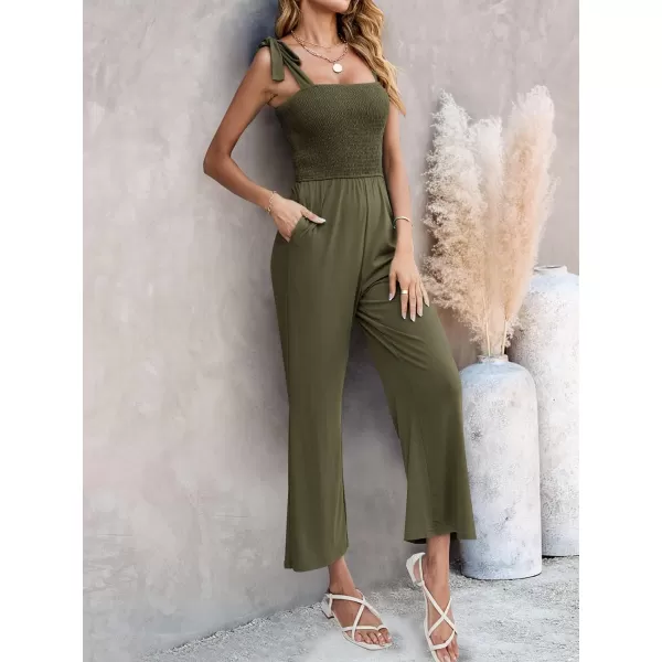 imageZESICA Womens 2023 Summer Casual Spaghetti Strap Smocked High Waist Wide Leg Jumpsuit RomperArmygreen