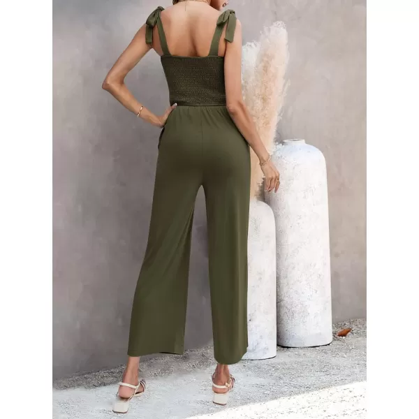 imageZESICA Womens 2023 Summer Casual Spaghetti Strap Smocked High Waist Wide Leg Jumpsuit RomperArmygreen