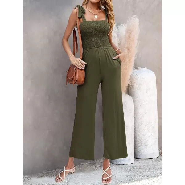 imageZESICA Womens 2023 Summer Casual Spaghetti Strap Smocked High Waist Wide Leg Jumpsuit RomperArmygreen