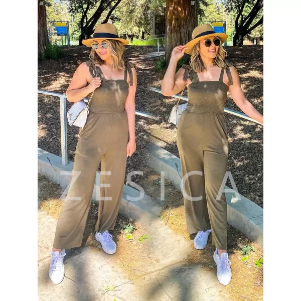 imageZESICA Womens 2023 Summer Casual Spaghetti Strap Smocked High Waist Wide Leg Jumpsuit RomperArmygreen