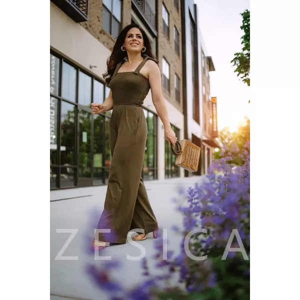 imageZESICA Womens 2023 Summer Casual Spaghetti Strap Smocked High Waist Wide Leg Jumpsuit RomperArmygreen