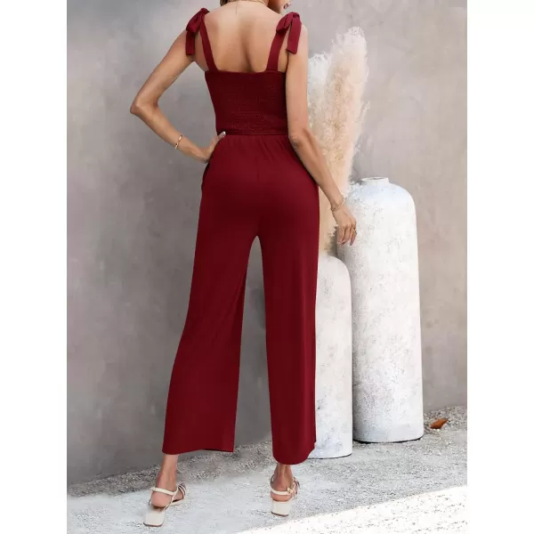 imageZESICA Womens 2023 Summer Casual Spaghetti Strap Smocked High Waist Wide Leg Jumpsuit RomperBurgundy