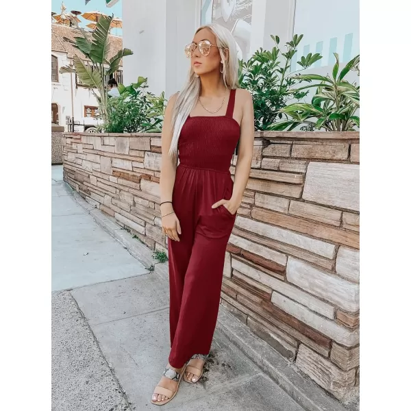 imageZESICA Womens 2023 Summer Casual Spaghetti Strap Smocked High Waist Wide Leg Jumpsuit RomperBurgundy