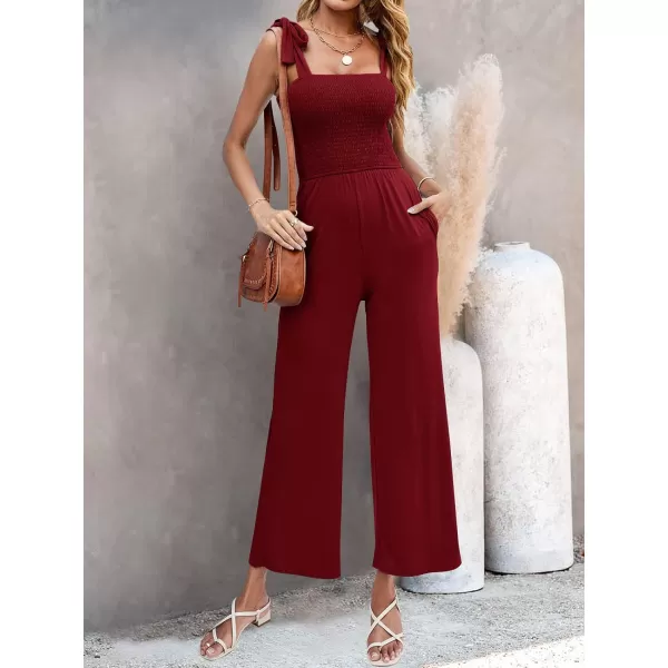 imageZESICA Womens 2023 Summer Casual Spaghetti Strap Smocked High Waist Wide Leg Jumpsuit RomperBurgundy