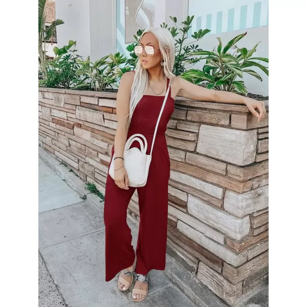 imageZESICA Womens 2023 Summer Casual Spaghetti Strap Smocked High Waist Wide Leg Jumpsuit RomperBurgundy