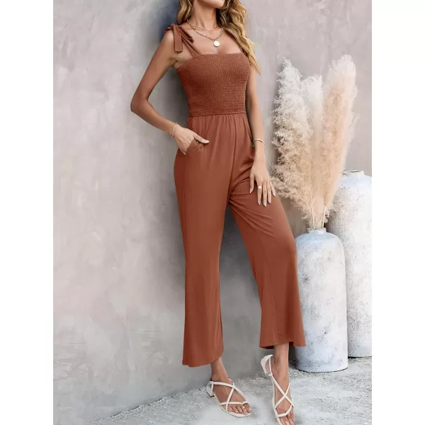 imageZESICA Womens 2023 Summer Casual Spaghetti Strap Smocked High Waist Wide Leg Jumpsuit RomperCaramel