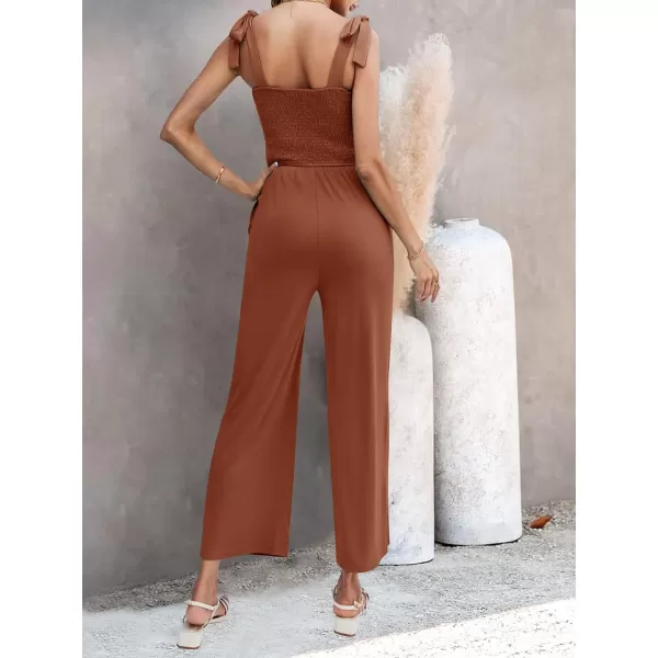 imageZESICA Womens 2023 Summer Casual Spaghetti Strap Smocked High Waist Wide Leg Jumpsuit RomperCaramel