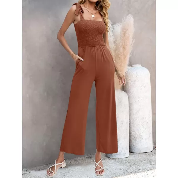 imageZESICA Womens 2023 Summer Casual Spaghetti Strap Smocked High Waist Wide Leg Jumpsuit RomperCaramel