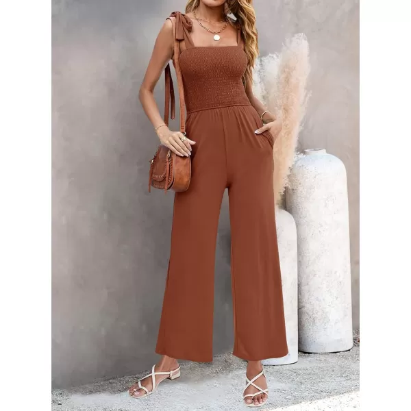 imageZESICA Womens 2023 Summer Casual Spaghetti Strap Smocked High Waist Wide Leg Jumpsuit RomperCaramel