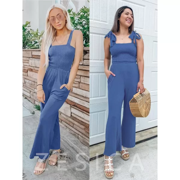 imageZESICA Womens 2023 Summer Casual Spaghetti Strap Smocked High Waist Wide Leg Jumpsuit RomperDustyblue