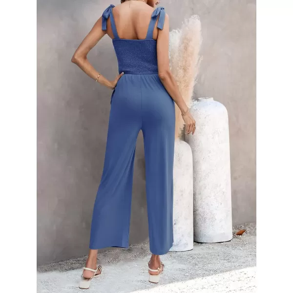 imageZESICA Womens 2023 Summer Casual Spaghetti Strap Smocked High Waist Wide Leg Jumpsuit RomperDustyblue