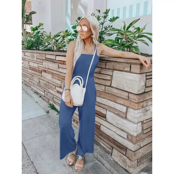imageZESICA Womens 2023 Summer Casual Spaghetti Strap Smocked High Waist Wide Leg Jumpsuit RomperDustyblue