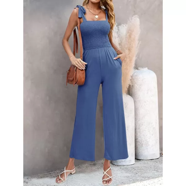 imageZESICA Womens 2023 Summer Casual Spaghetti Strap Smocked High Waist Wide Leg Jumpsuit RomperDustyblue
