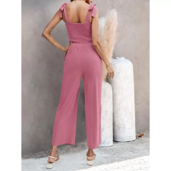 imageZESICA Womens 2023 Summer Casual Spaghetti Strap Smocked High Waist Wide Leg Jumpsuit RomperDustypink