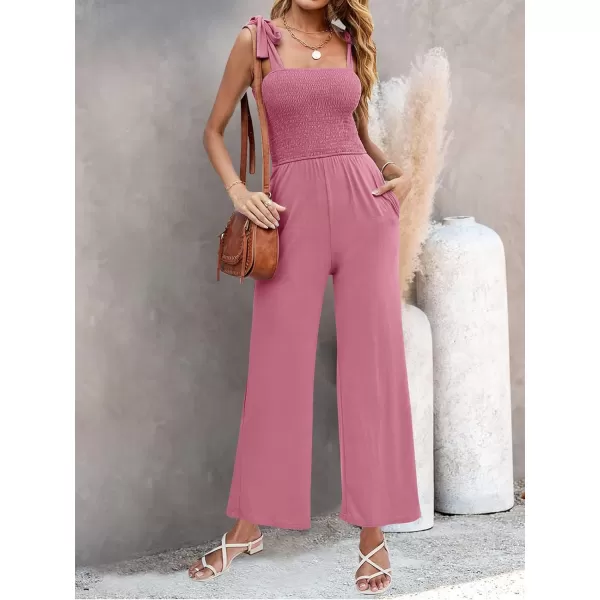 imageZESICA Womens 2023 Summer Casual Spaghetti Strap Smocked High Waist Wide Leg Jumpsuit RomperDustypink