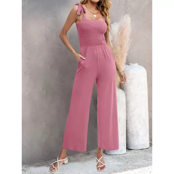 imageZESICA Womens 2023 Summer Casual Spaghetti Strap Smocked High Waist Wide Leg Jumpsuit RomperDustypink