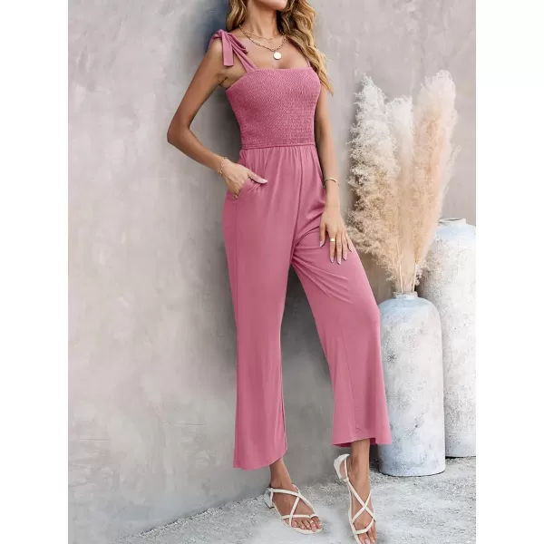 imageZESICA Womens 2023 Summer Casual Spaghetti Strap Smocked High Waist Wide Leg Jumpsuit RomperDustypink