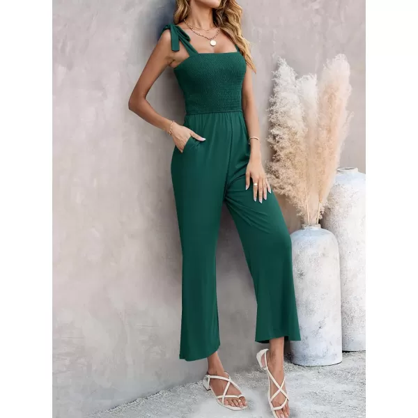 imageZESICA Womens 2023 Summer Casual Spaghetti Strap Smocked High Waist Wide Leg Jumpsuit RomperForestgreen