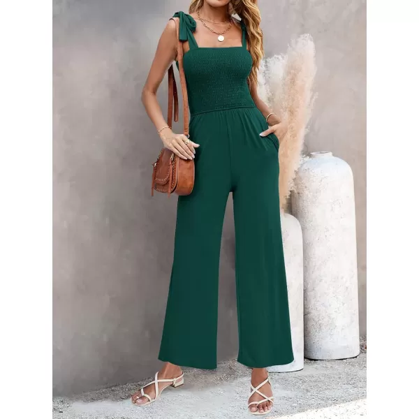 imageZESICA Womens 2023 Summer Casual Spaghetti Strap Smocked High Waist Wide Leg Jumpsuit RomperForestgreen