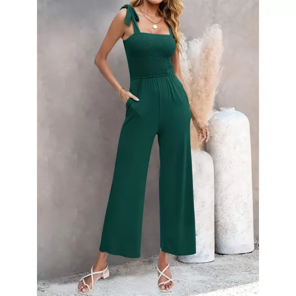 imageZESICA Womens 2023 Summer Casual Spaghetti Strap Smocked High Waist Wide Leg Jumpsuit RomperForestgreen