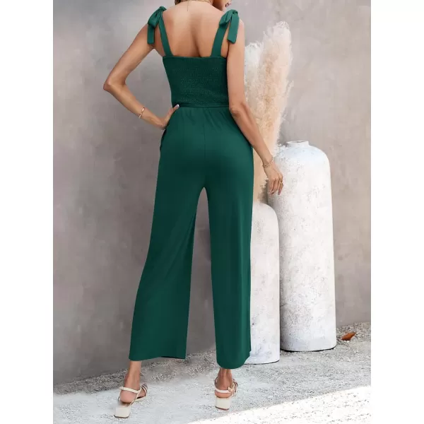 imageZESICA Womens 2023 Summer Casual Spaghetti Strap Smocked High Waist Wide Leg Jumpsuit RomperForestgreen