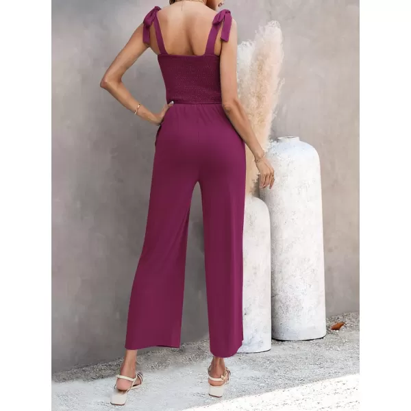 imageZESICA Womens 2023 Summer Casual Spaghetti Strap Smocked High Waist Wide Leg Jumpsuit RomperFuchsia