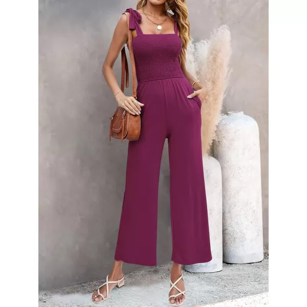 imageZESICA Womens 2023 Summer Casual Spaghetti Strap Smocked High Waist Wide Leg Jumpsuit RomperFuchsia