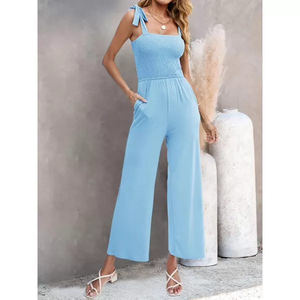 imageZESICA Womens 2023 Summer Casual Spaghetti Strap Smocked High Waist Wide Leg Jumpsuit RomperLightblue