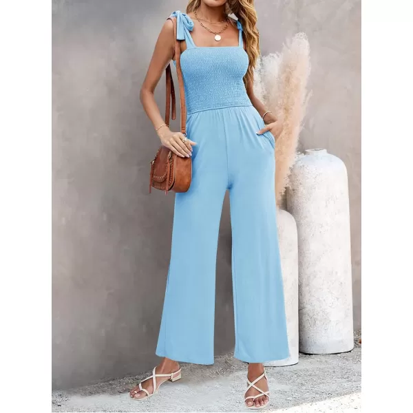 imageZESICA Womens 2023 Summer Casual Spaghetti Strap Smocked High Waist Wide Leg Jumpsuit RomperLightblue