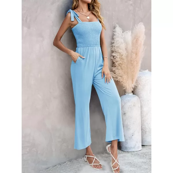 imageZESICA Womens 2023 Summer Casual Spaghetti Strap Smocked High Waist Wide Leg Jumpsuit RomperLightblue