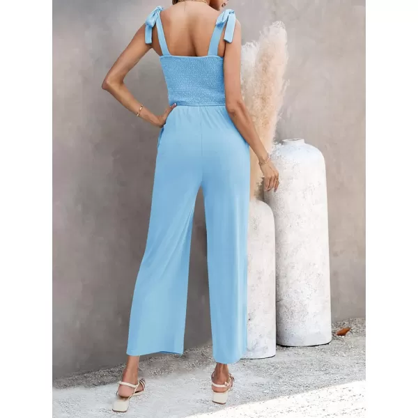 imageZESICA Womens 2023 Summer Casual Spaghetti Strap Smocked High Waist Wide Leg Jumpsuit RomperLightblue