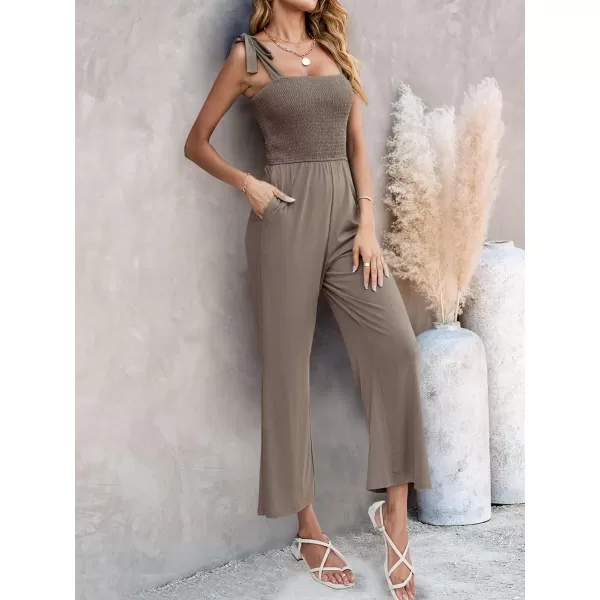 imageZESICA Womens 2023 Summer Casual Spaghetti Strap Smocked High Waist Wide Leg Jumpsuit RomperMocha