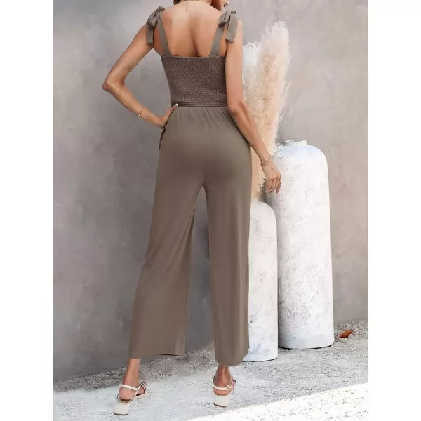imageZESICA Womens 2023 Summer Casual Spaghetti Strap Smocked High Waist Wide Leg Jumpsuit RomperMocha