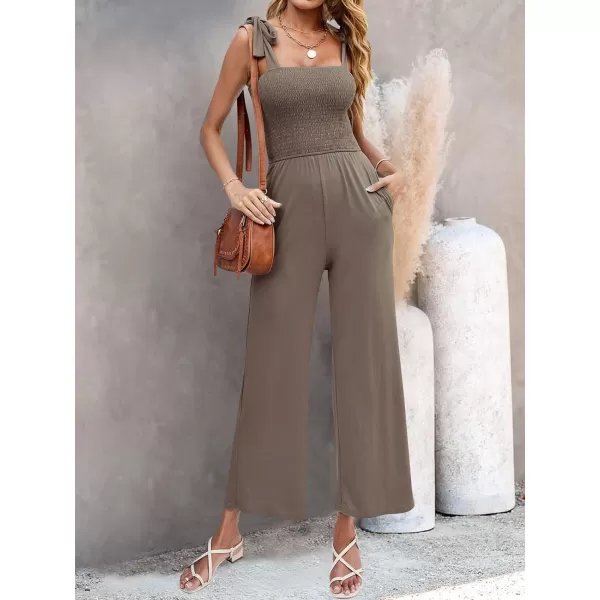 imageZESICA Womens 2023 Summer Casual Spaghetti Strap Smocked High Waist Wide Leg Jumpsuit RomperMocha