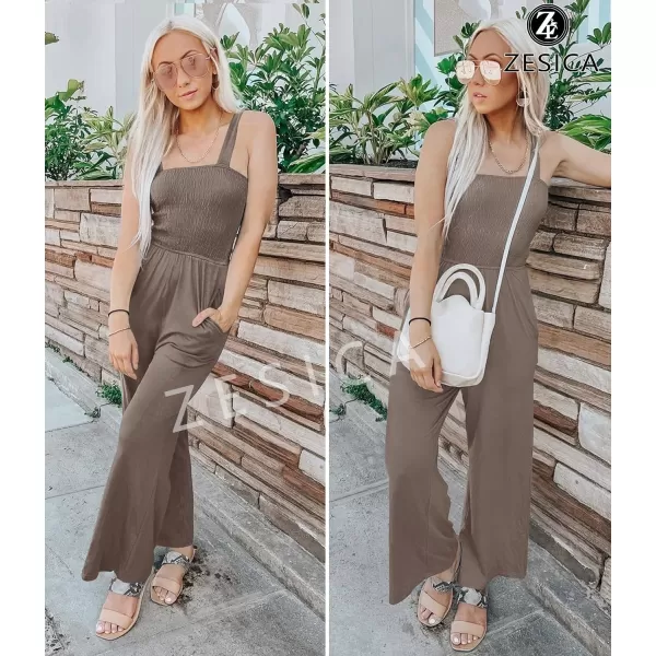 imageZESICA Womens 2023 Summer Casual Spaghetti Strap Smocked High Waist Wide Leg Jumpsuit RomperMocha