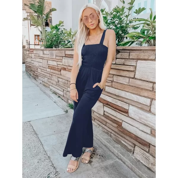 imageZESICA Womens 2023 Summer Casual Spaghetti Strap Smocked High Waist Wide Leg Jumpsuit RomperNavy