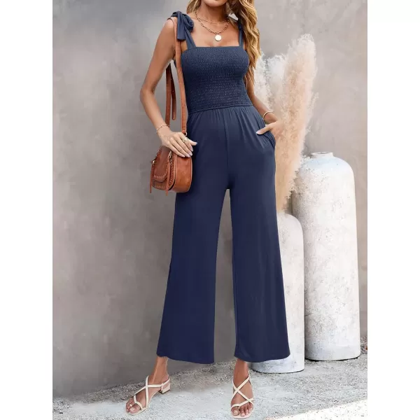 imageZESICA Womens 2023 Summer Casual Spaghetti Strap Smocked High Waist Wide Leg Jumpsuit RomperNavy