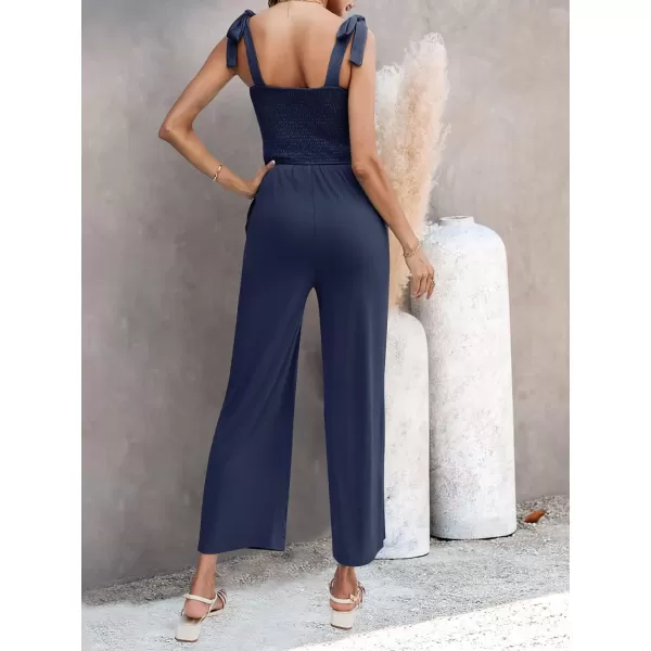 imageZESICA Womens 2023 Summer Casual Spaghetti Strap Smocked High Waist Wide Leg Jumpsuit RomperNavy