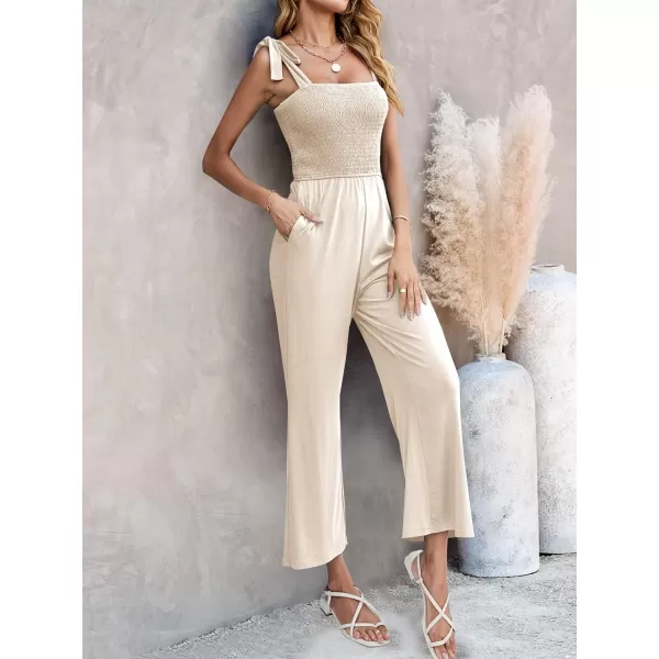 imageZESICA Womens 2023 Summer Casual Spaghetti Strap Smocked High Waist Wide Leg Jumpsuit RomperNude