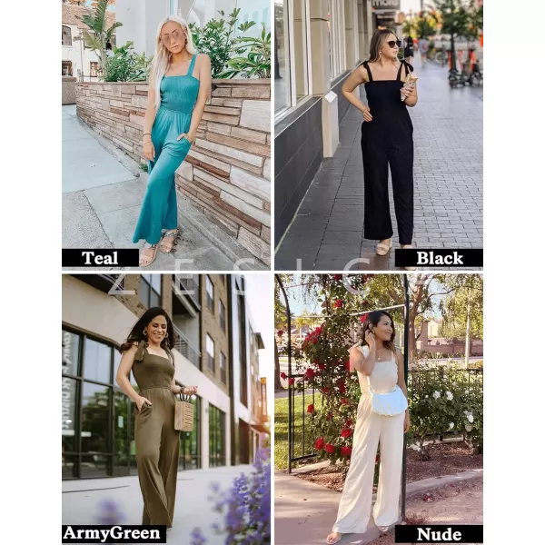imageZESICA Womens 2023 Summer Casual Spaghetti Strap Smocked High Waist Wide Leg Jumpsuit RomperNude