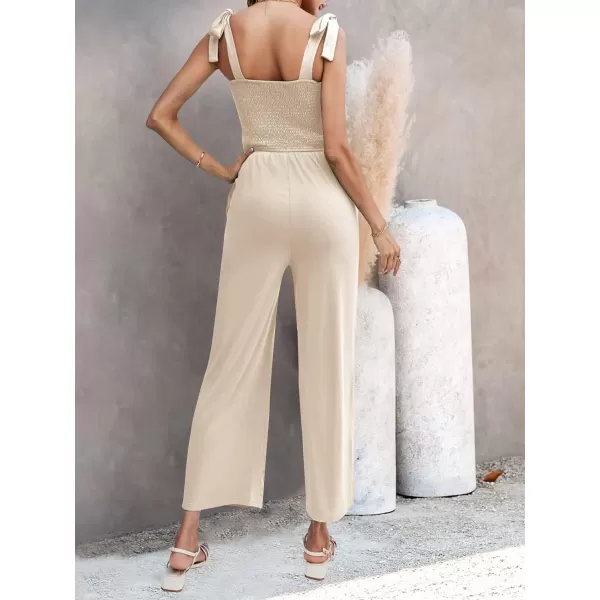 imageZESICA Womens 2023 Summer Casual Spaghetti Strap Smocked High Waist Wide Leg Jumpsuit RomperNude