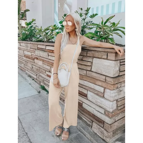 imageZESICA Womens 2023 Summer Casual Spaghetti Strap Smocked High Waist Wide Leg Jumpsuit RomperNude
