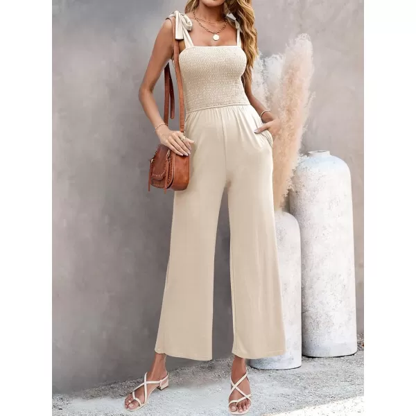 imageZESICA Womens 2023 Summer Casual Spaghetti Strap Smocked High Waist Wide Leg Jumpsuit RomperNude