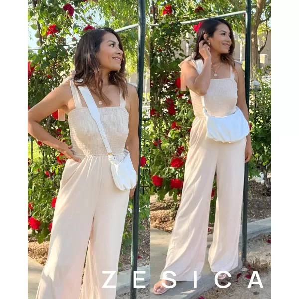 imageZESICA Womens 2023 Summer Casual Spaghetti Strap Smocked High Waist Wide Leg Jumpsuit RomperNude