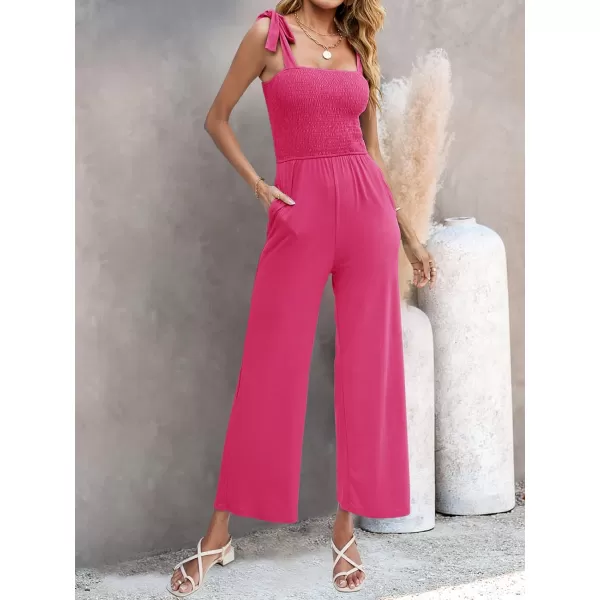 imageZESICA Womens 2023 Summer Casual Spaghetti Strap Smocked High Waist Wide Leg Jumpsuit RomperRose